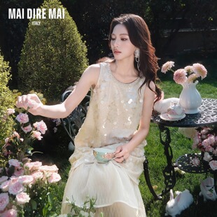 MAI DIRE MAI25夏季新款贝母亮片圆领无袖大摆宽松拼接慵懒连衣裙