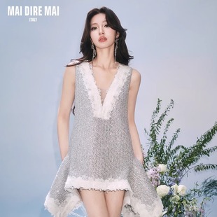蕾丝花边大V领无袖 MAI 新款 DIRE 小香风a字连衣裙女 MAI2025夏季