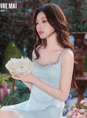 MAI DIRE MAI25夏季新款钻链收腰法式蕾丝网纱微蓬吊带方领连衣裙