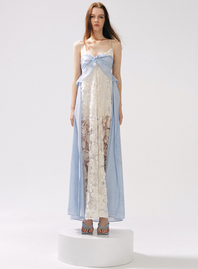 MOOD X MIURA2025春夏新品Laurel蓝白色玫瑰花网纱拼接吊带连衣裙