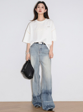 QUEEN DATE2025春夏新款三色logo珍珠袖T恤蓝色晕染大阔腿牛仔裤