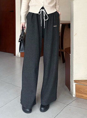 MAMYO YOO2025早春新品黑色极简抽绳LOGO加绒阔腿裤减龄休闲长裤