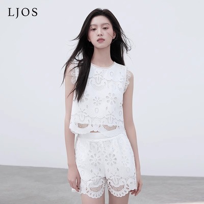 LJOS2025春夏新款皓月白镂空钩花无袖背心短裤套装女刺绣装饰法式