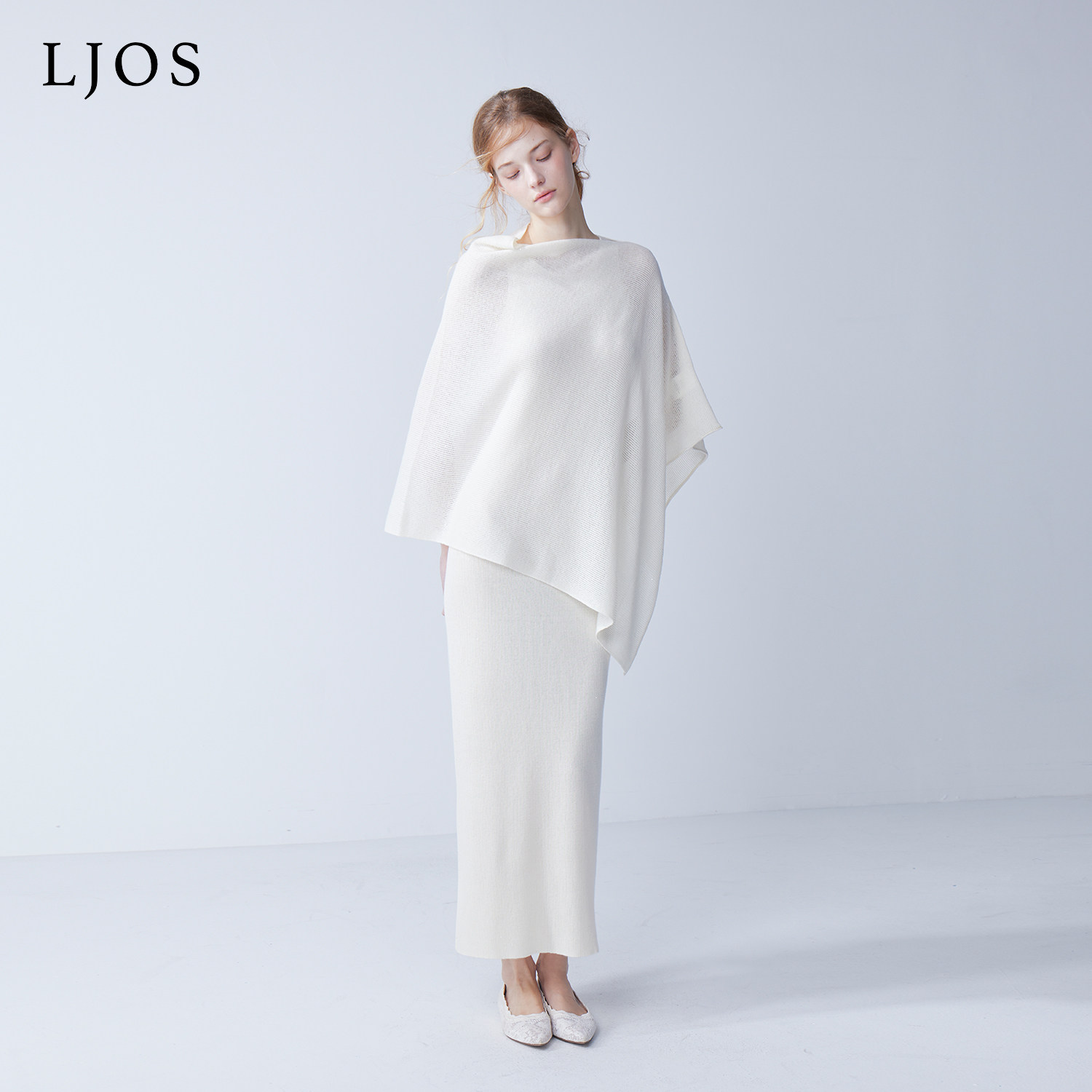 LJOS｜淡白玉银丝线亮片羊毛披肩连衣裙2025早秋两件套白色套装图片