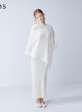 LJOS｜淡白玉银丝线亮片羊毛披肩连衣裙2025早秋两件套白色套装