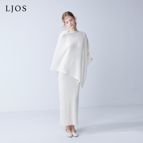 LJOS｜淡白玉银丝线亮片羊毛披肩连衣裙2025早秋两件套白色套装