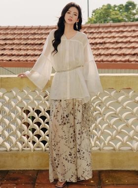 IA WARM AID ING品牌24夏季新品白色真丝上衣黑梅花天丝国风长裤