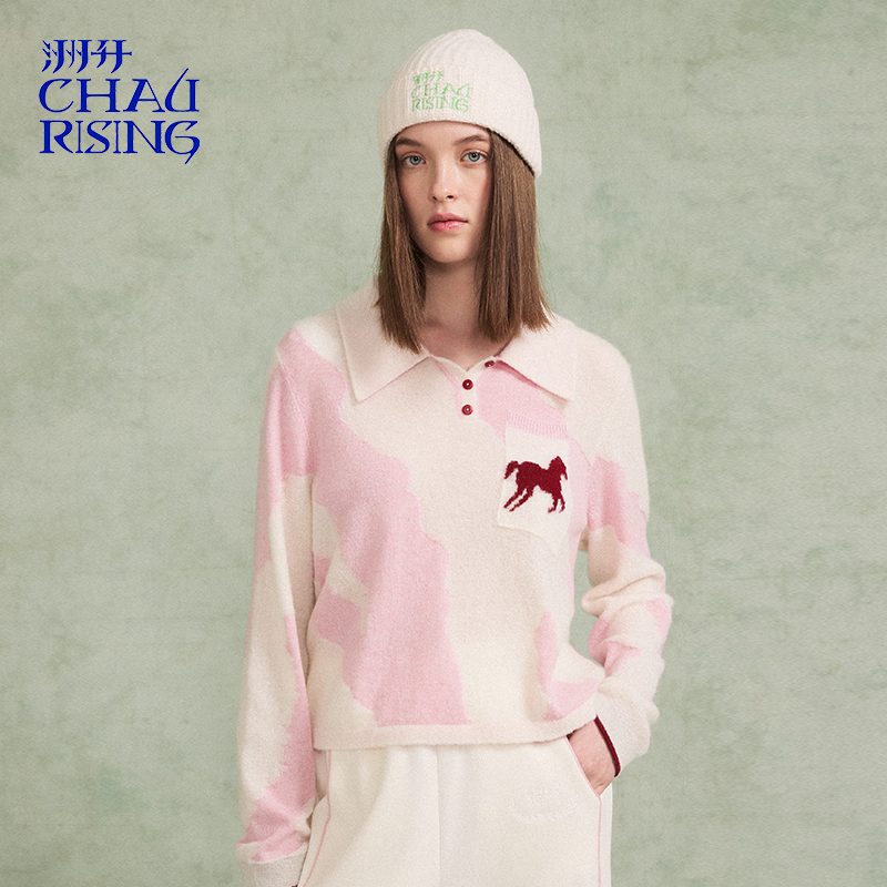 洲升/CHAU.RISING2025秋冬新款动物纹圈圈羊绒POLO衫减龄毛衣女士