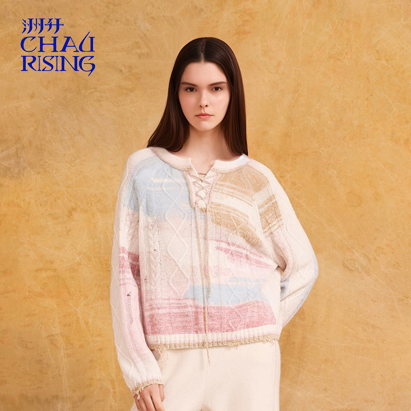 洲升/CHAU.RISING2025秋冬新款系带圆领羊绒套头衫减龄套头毛衣