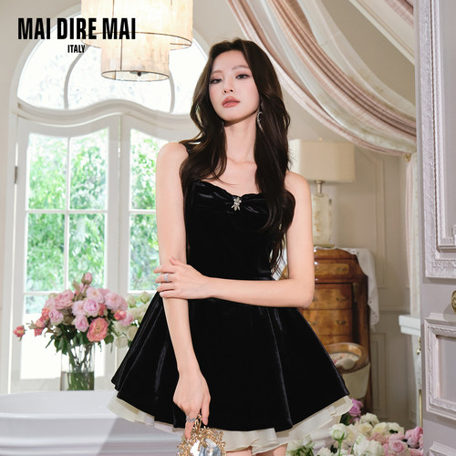 MAI DIRE MAI2025秋季黑天鹅丝绒蝴蝶结无袖方领网纱吊带连衣裙女