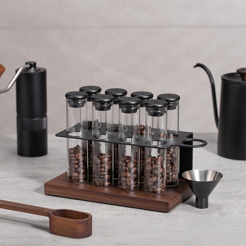 咖啡豆储存瓶套装便携密封罐展示架分装试管食品级木质收纳养豆