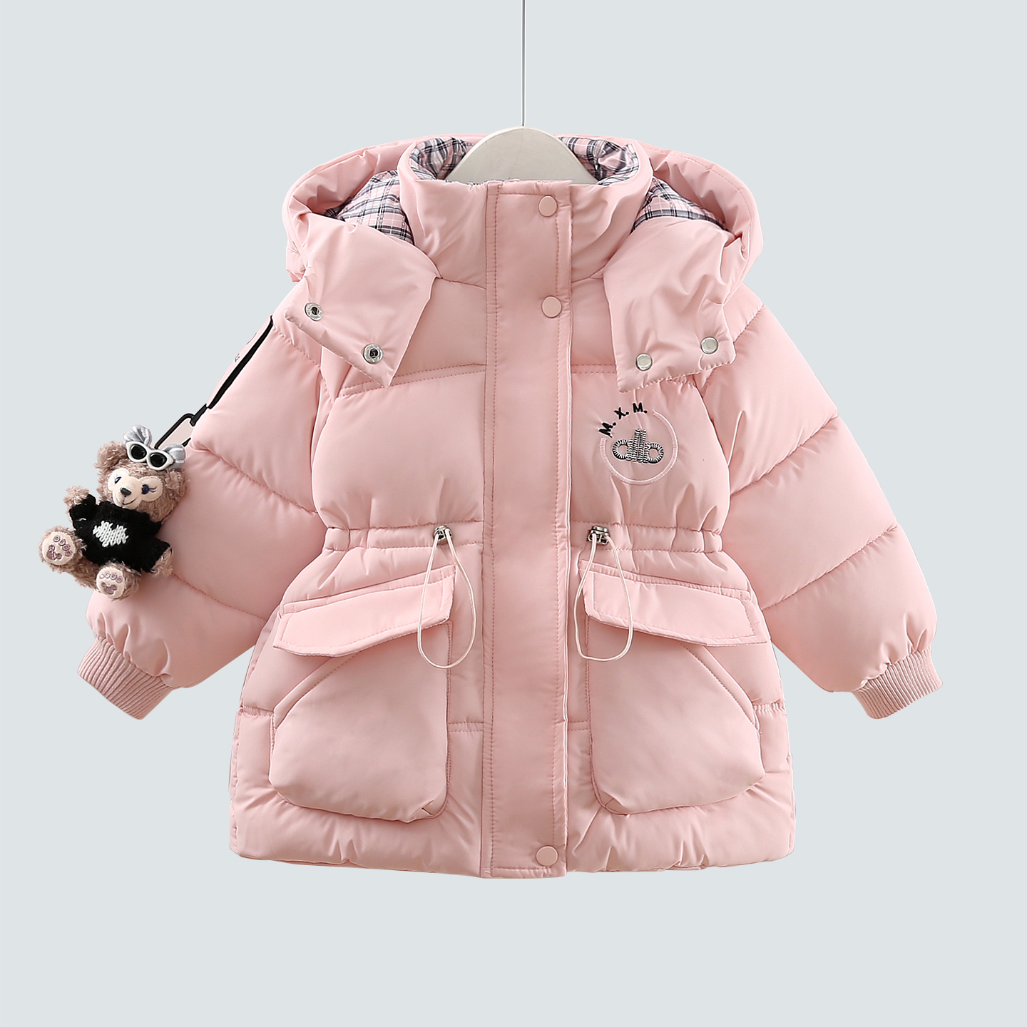 女童棉服冬装儿童连帽加绒大口袋外套宝宝收腰欧版棉袄中长款棉衣