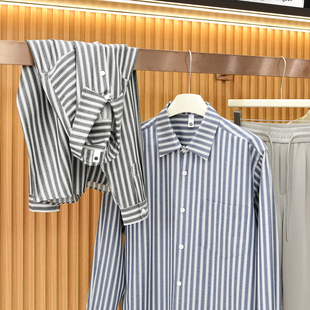 【复古文艺~挺括有型~棉麻混纺】春季男士宽松休闲条纹长袖衬衫潮