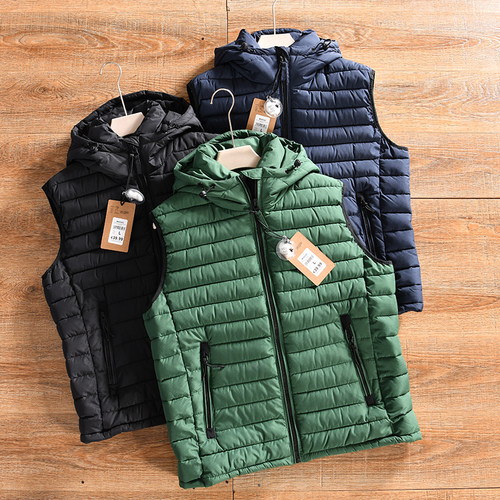 【出口单~加厚保暖-防泼水~外贸尾货】秋冬男士连帽休闲棉衣马甲