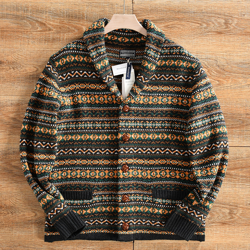 羊毛混纺+复古提花针织翻领外套