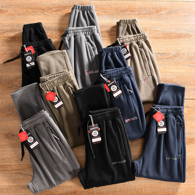 【挪威订单-双面摇粒绒~外贸尾货】冬季男士松紧腰户外运动卫裤潮