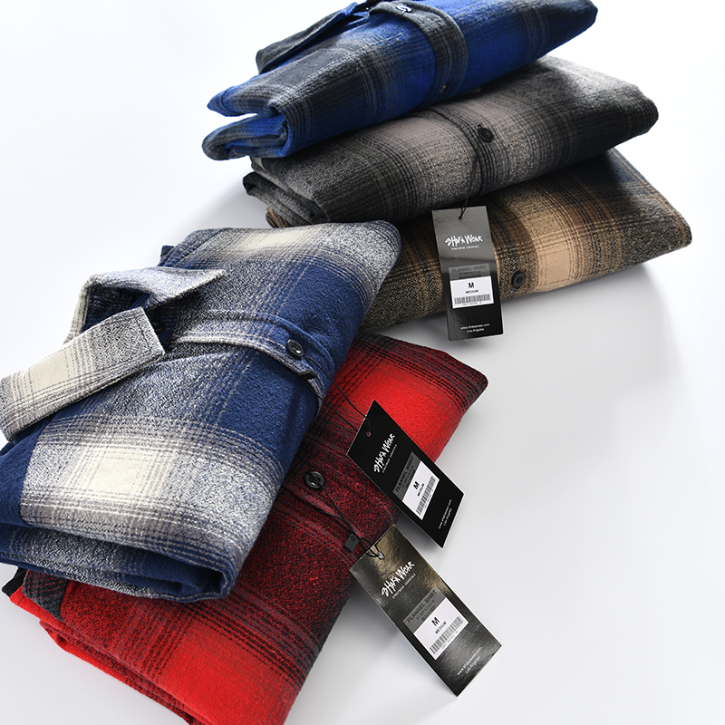 有大码-北美订单+磨毛工艺！外贸尾货！秋冬季格子长袖衬衫衬衣男