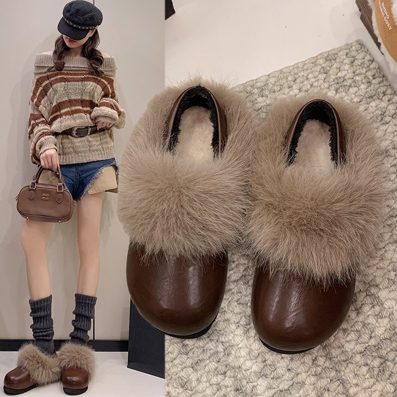 软皮版~内增高两穿毛毛勃肯鞋女小个子一脚蹬加绒保暖懒人玛丽珍