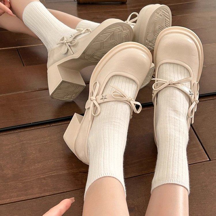 2025夏季新款粗跟玛丽珍小皮鞋女黑色蝴蝶结jk高跟鞋外穿浅口单鞋