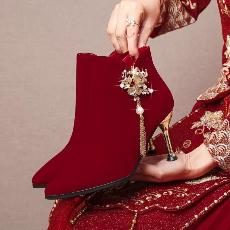 婚鞋女粗跟2025新款冬季红色高跟鞋不累脚秀禾婚纱两穿结婚短靴子,女鞋,时装靴,淘宝优惠券,粉丝福利购,淘宝优惠卷