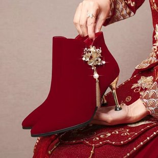 红色高跟鞋 冬季 不累脚秀禾婚纱两穿结婚短靴子 女粗跟2025新款 婚鞋