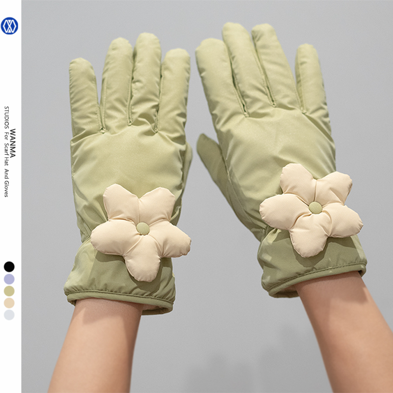 花朵防风防水冬季骑车加厚手套女
