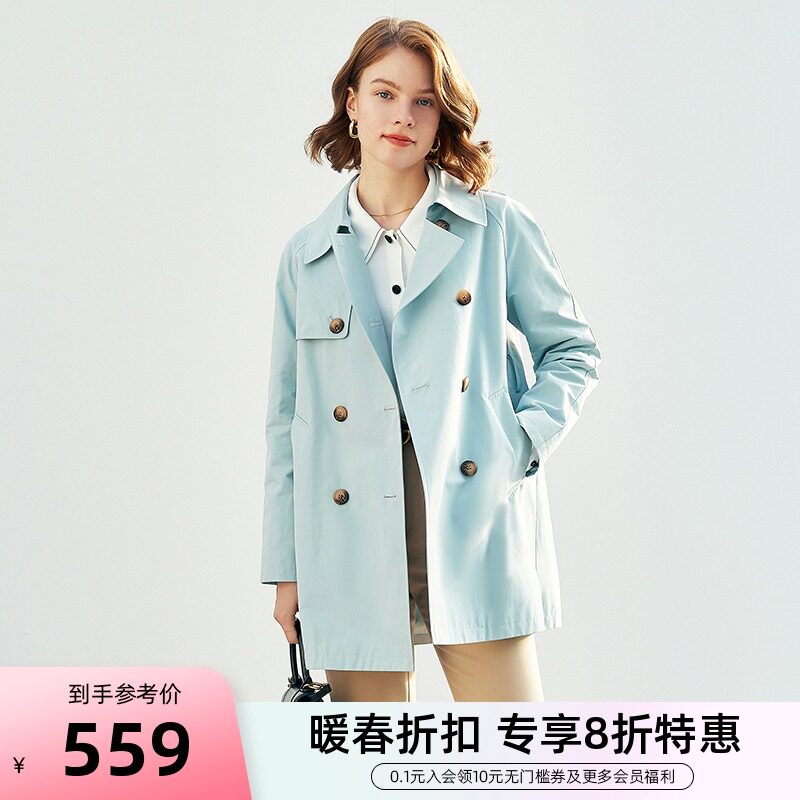 起原蓝色风衣女设计感小众2022年春新款气质时尚小个子中长棉外套
