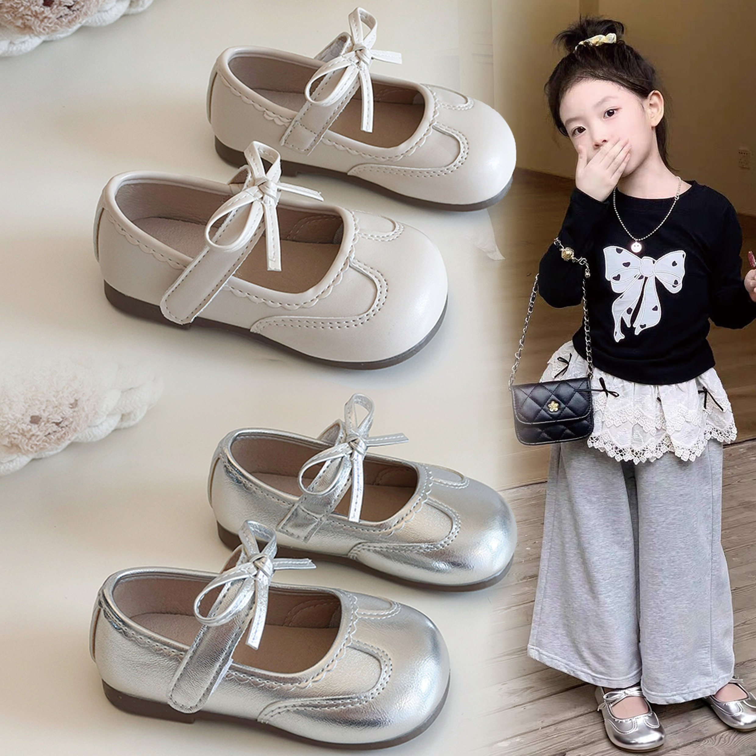 软皮蝴蝶结女童小皮鞋圆头车线设计蝴蝶结装饰简约清新防滑耐磨鞋