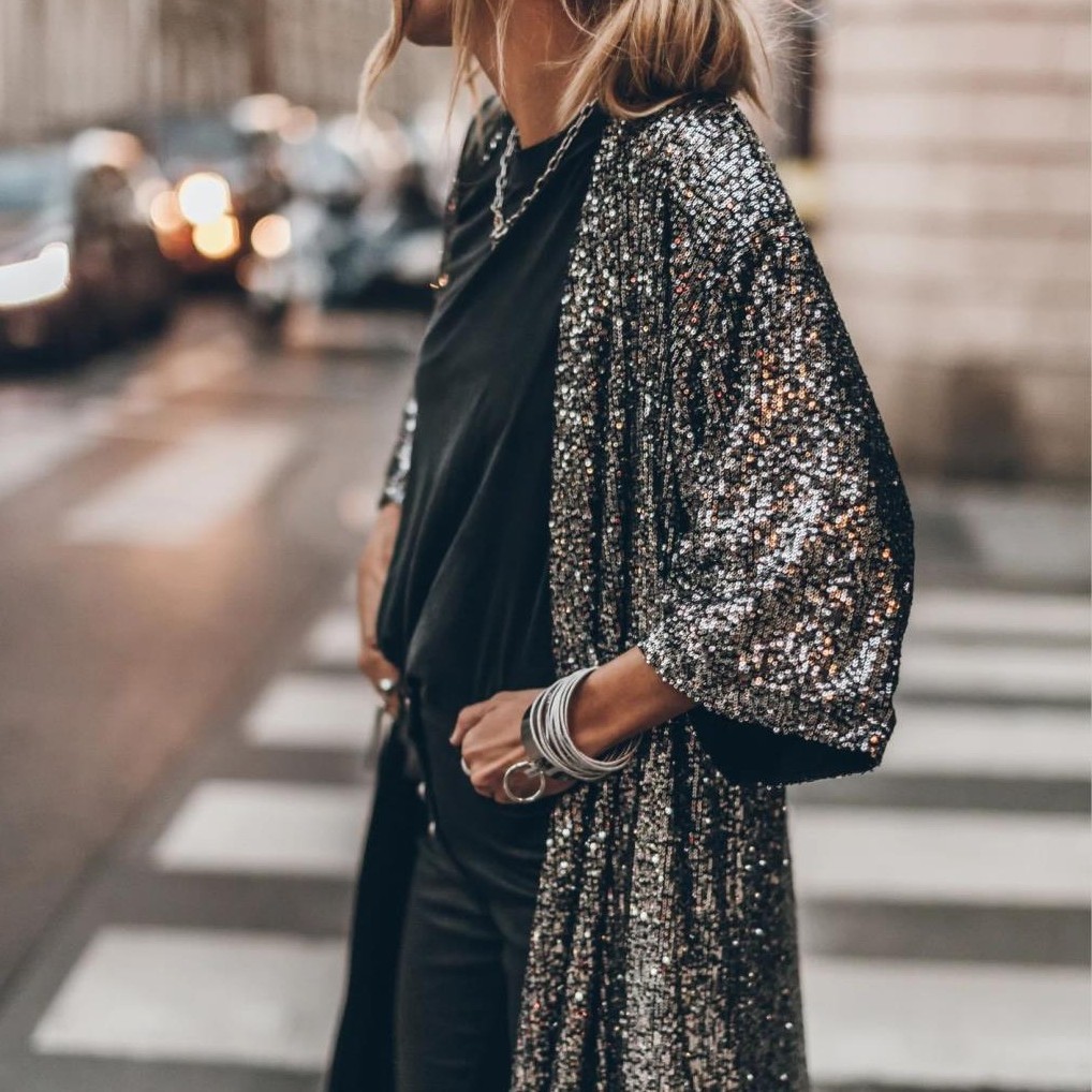 欧美跨境春季新品 亚马逊速卖通时尚派对亮片开衫外套女