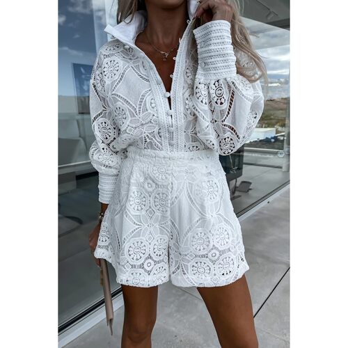 欧美纯色单排扣立领蕾丝短裤套装女Casual hollow out shorts set