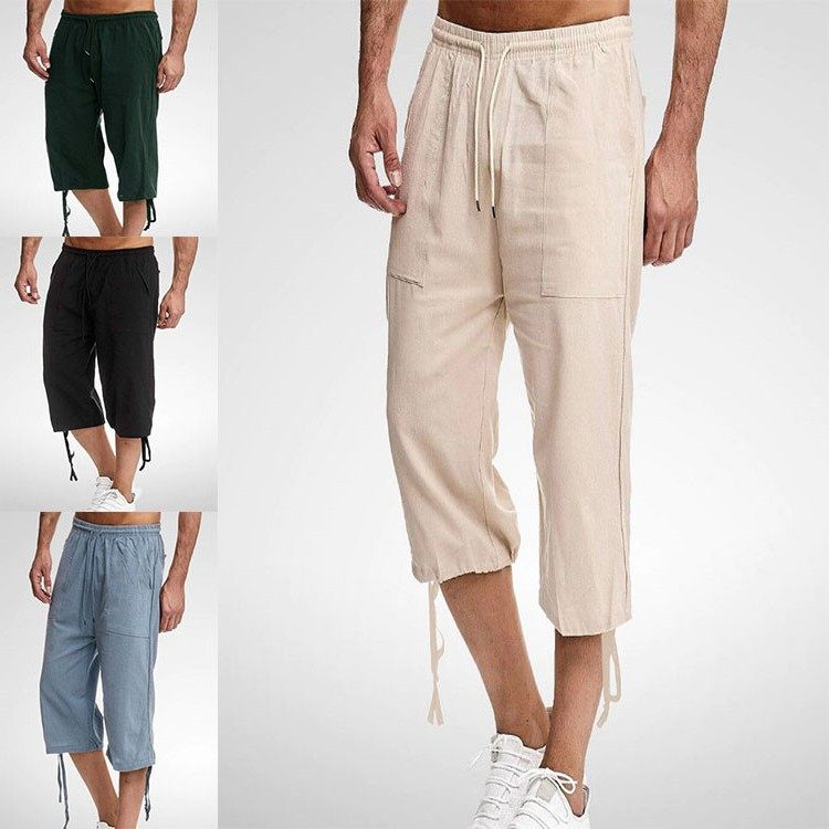欧美独立站棉麻新款男装抽绳纯色七分裤休闲裤,个性定制/设计服务/DIY,连衣裙加工定制,淘宝优惠券,粉丝福利购,淘宝优惠卷