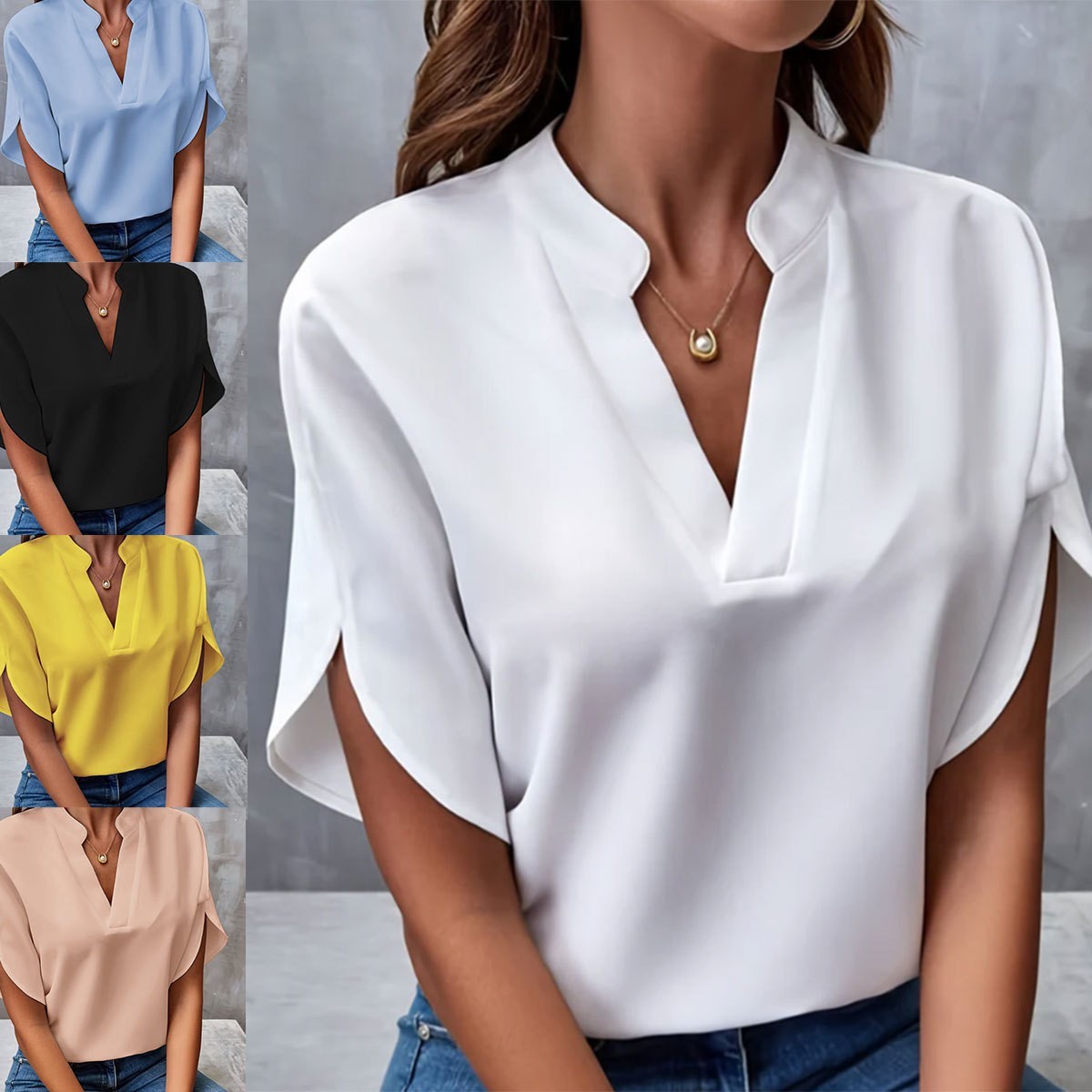 亚马逊欧美跨境外贸女装夏季休闲纯色领宽松衬衫上衣女