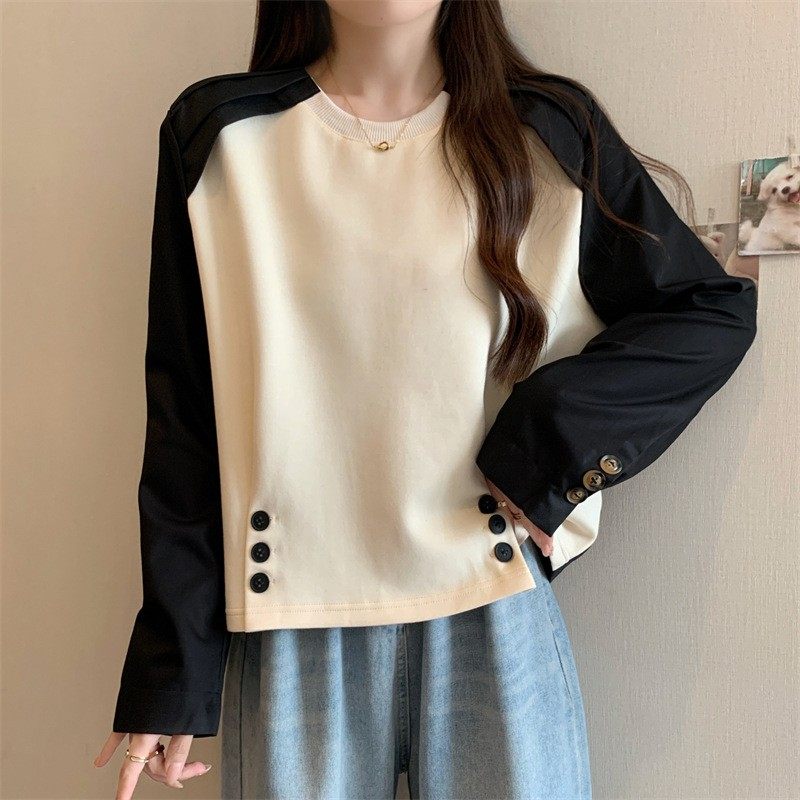 欧美实拍拼色圆领无帽卫衣女秋季百搭韩版宽松短款扣子上衣服,个性定制/设计服务/DIY,连衣裙加工定制,淘宝优惠券,粉丝福利购,淘宝优惠卷