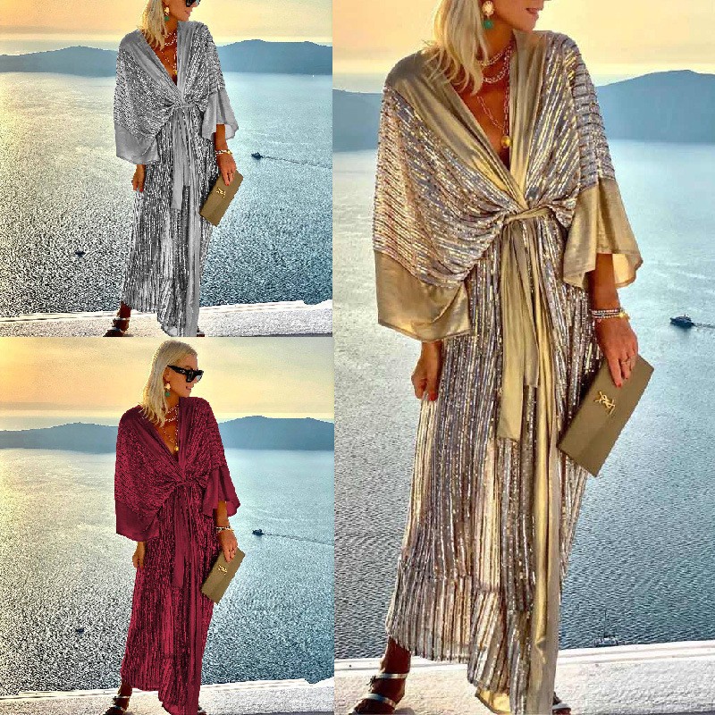 独立站亚马逊秋季气质女装亮片开衫蝙蝠袖聚会度假连衣裙