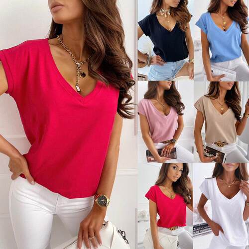 Summer plain short-sleeved V-neck simple T-shirt shirt短袖女