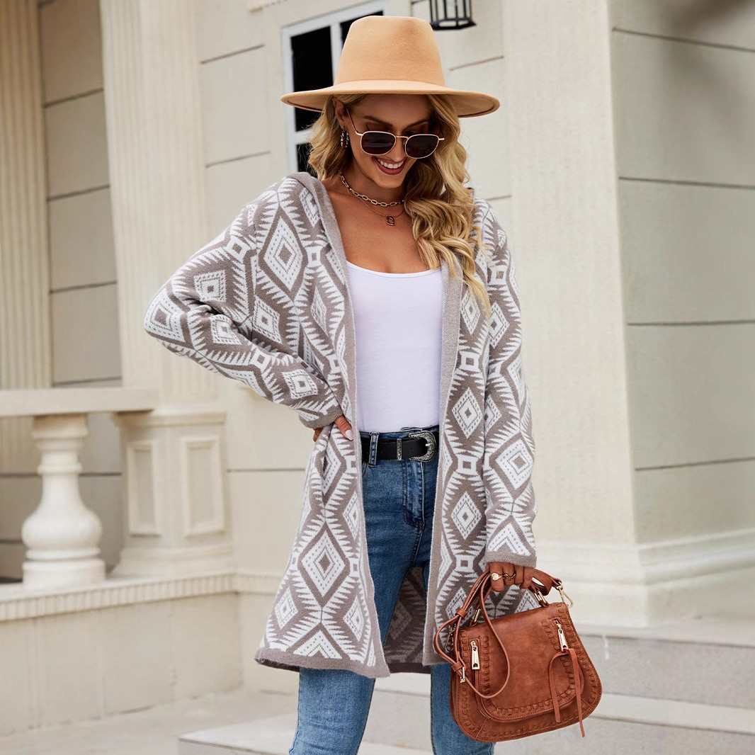 外贸女装上衣春秋新款格纹连帽开衫跨境秋冬新款欧美毛衣针织外套