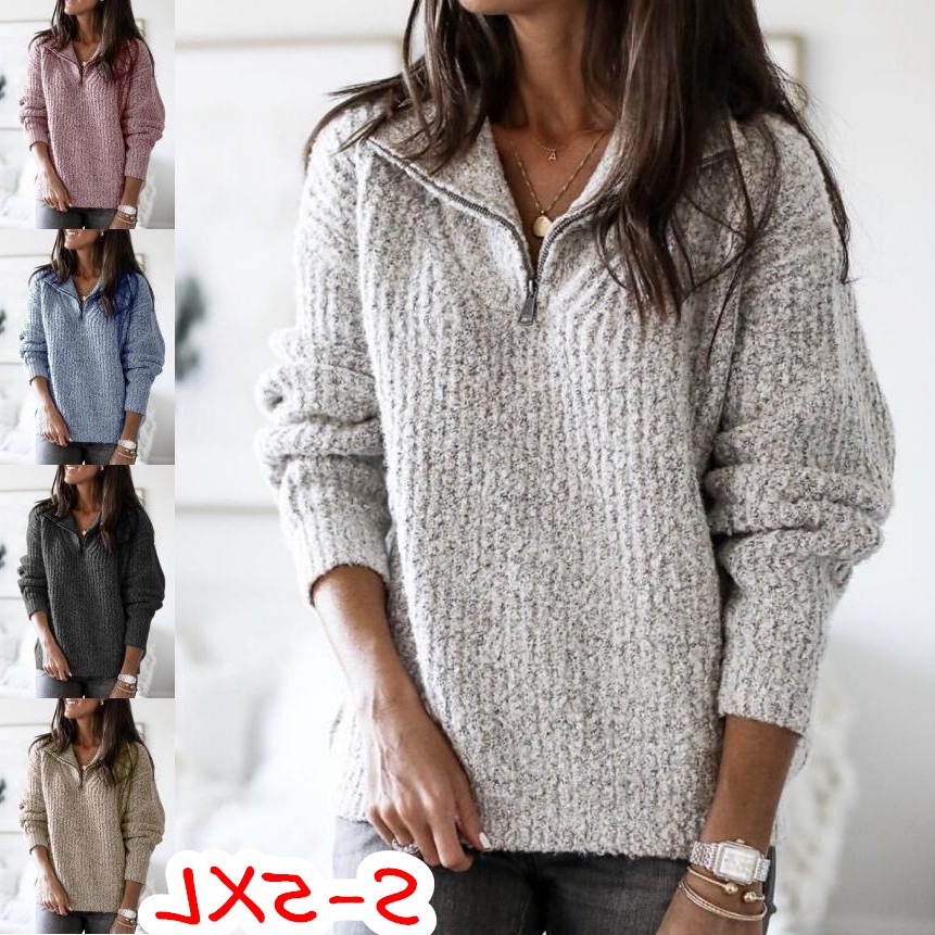 亚马逊速卖通欧美秋冬拉链套头长袖针织衫毛衣外套女