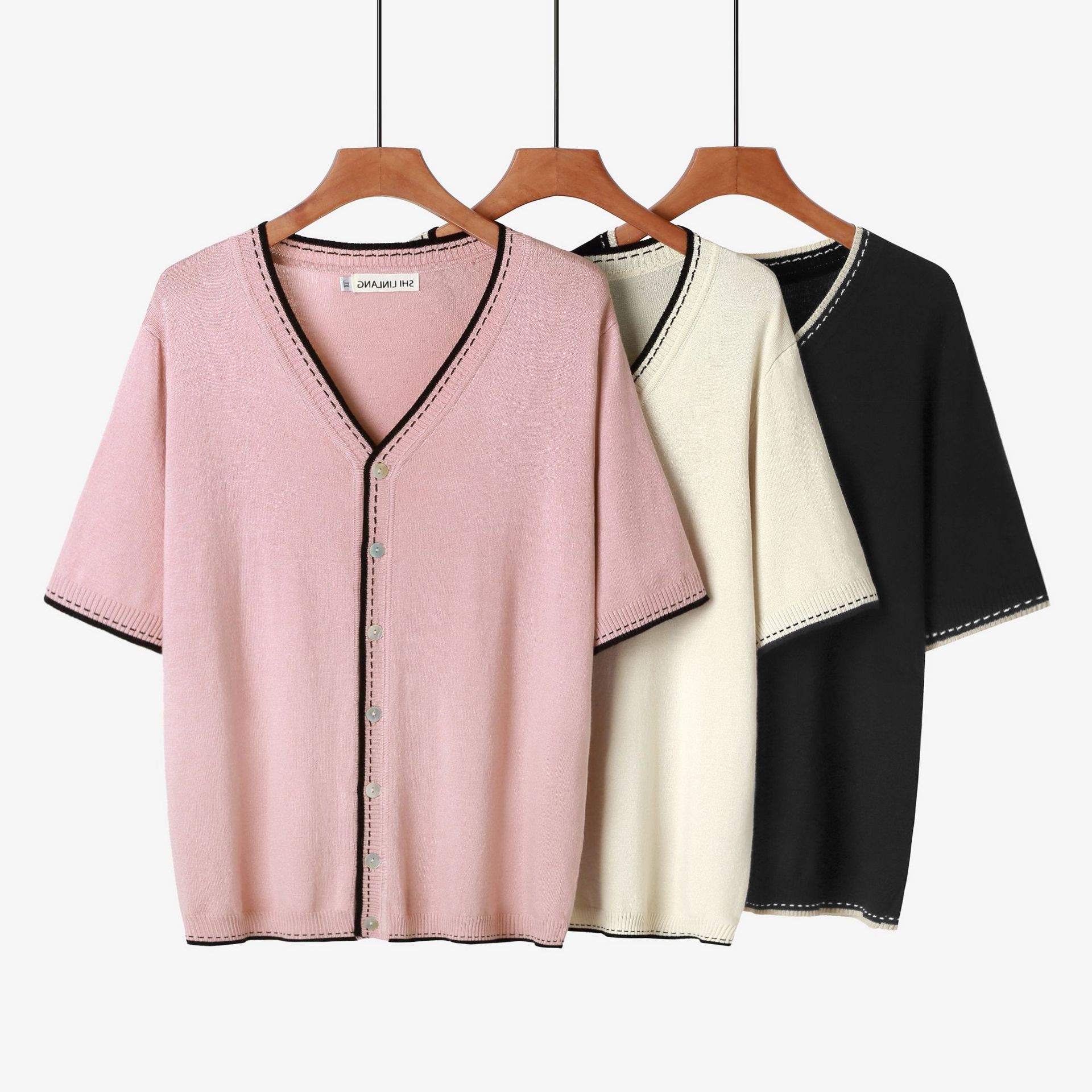 夏新款英伦风薄款时尚女装上衣领冰丝休闲百搭短袖针织衫恤