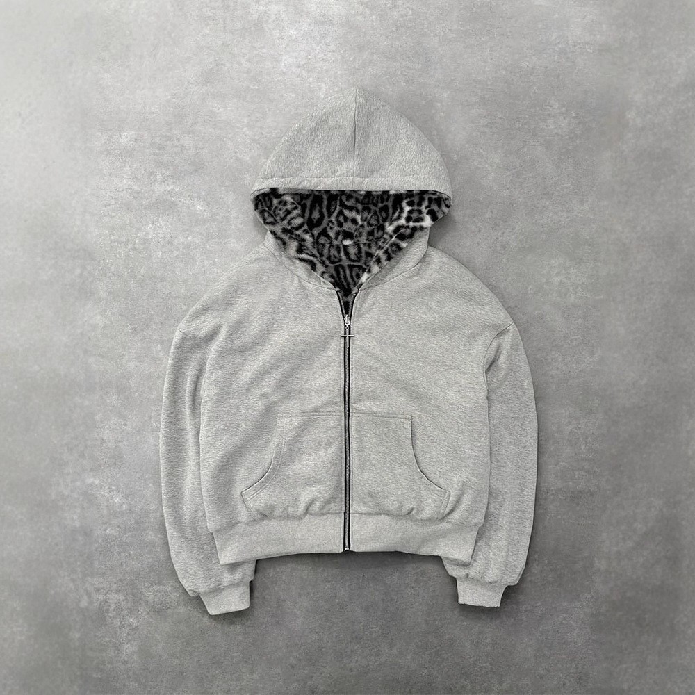 欧美跨境秋冬新款亚马逊休闲豹纹连帽拉链长袖正反两面穿卫衣