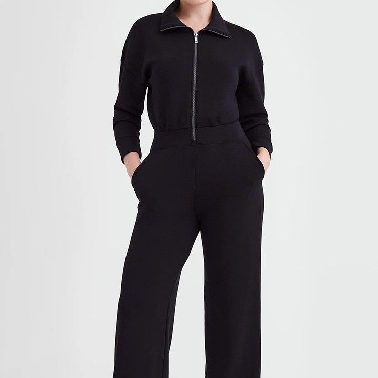 欧美跨境独立站新款长袖阔腿连体裤连体衣拉链翻领卫衣套装女