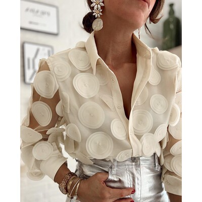 Women Transparent Long Sleeve Shirts网纱透视立体装饰长袖衬衣