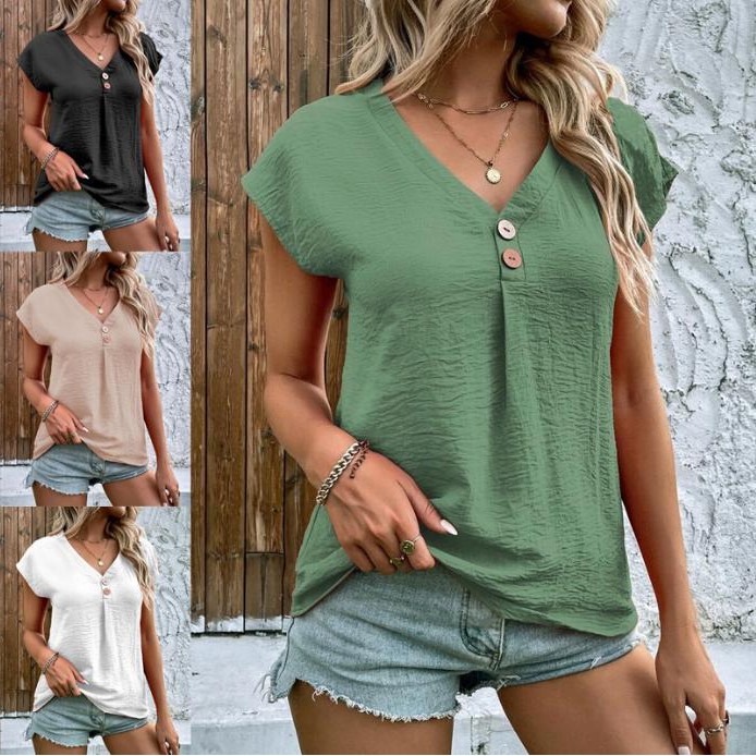 春夏外贸女装亚马逊跨境新品欧美上衣纯色扭扣时尚短袖女