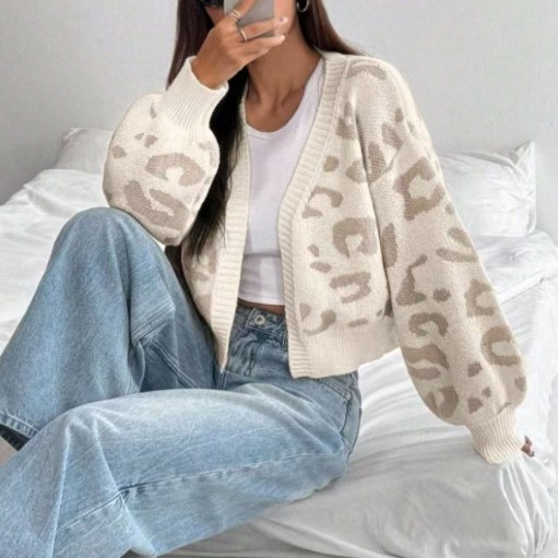 跨境亚马逊秋冬爆款豹纹慵懒针织开衫欧美时尚外搭无扣短款毛衣女