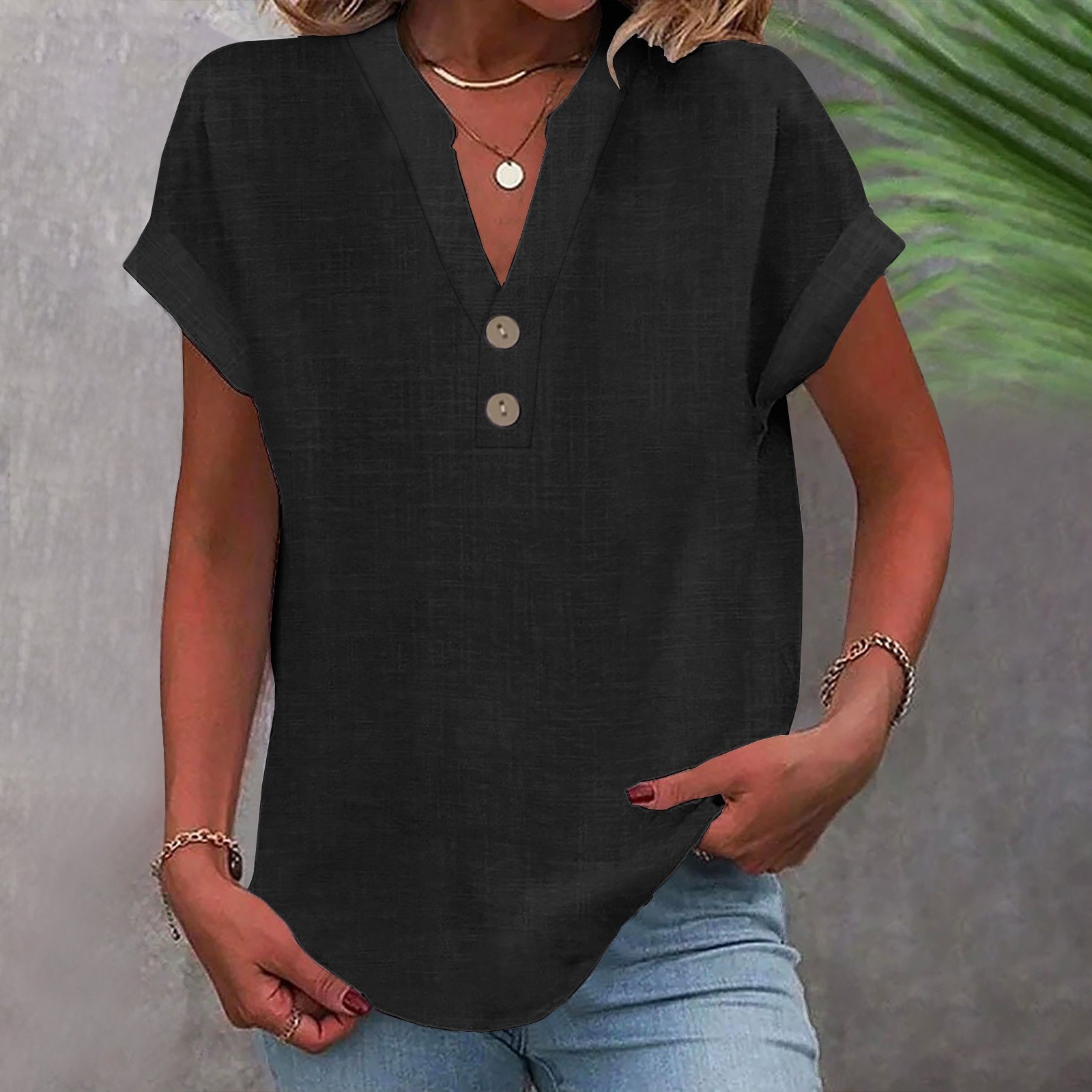 速卖通欧美夏季纯色立领纽扣短袖女装衬衫