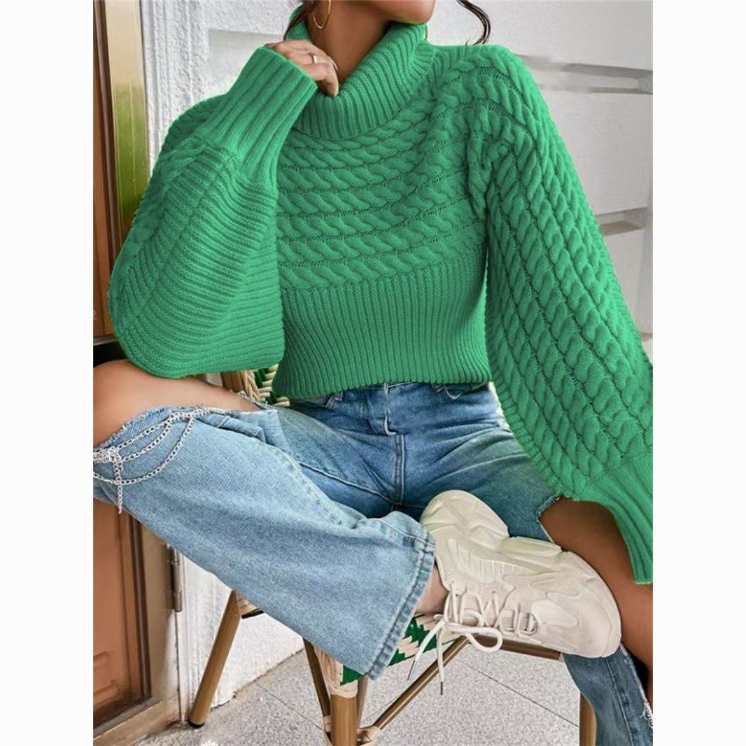 秋冬高领套头长袖毛衣欧美跨境外贸女装麻花螺纹纯色针织衫上衣女