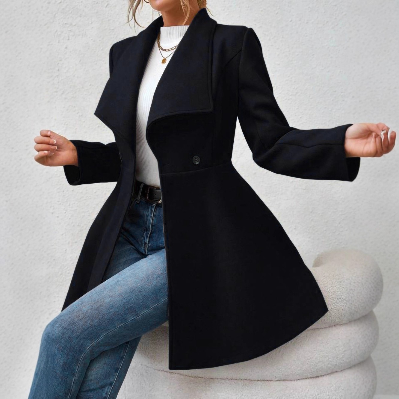 跨境欧美亚马逊秋冬外贸呢子大衣修身长款时尚翻领女式毛呢外套