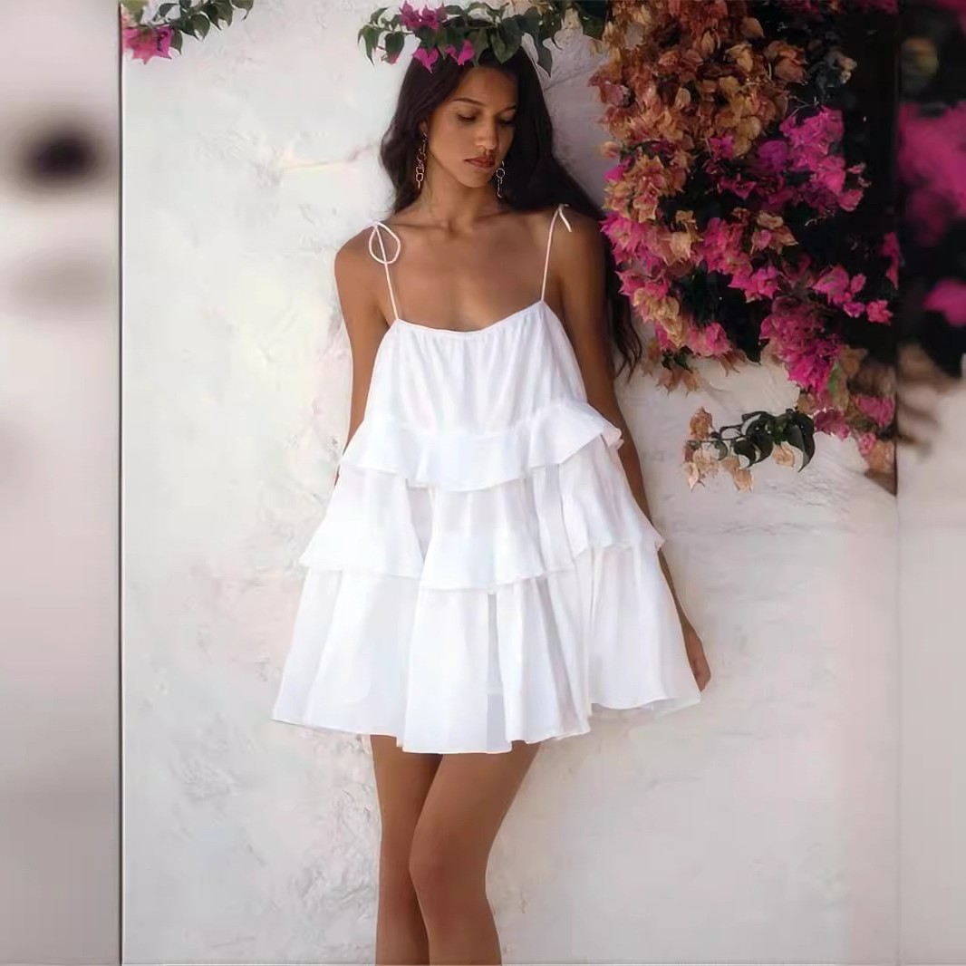 跨境吊带连衣裙欧美夏季多层荷叶边蛋糕裙短款露背吊带连衣裙