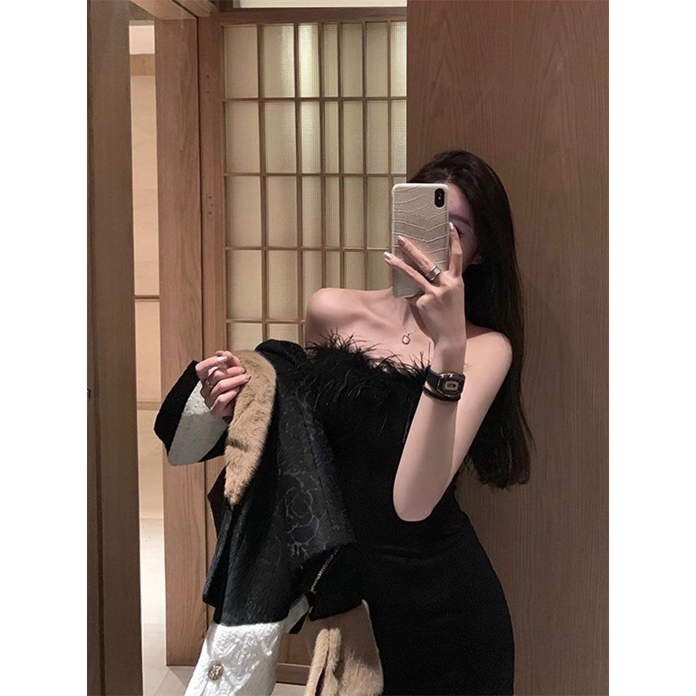 设计感连衣裙夏秋季黑色抹胸一字肩晚礼服生日小礼裙高级感