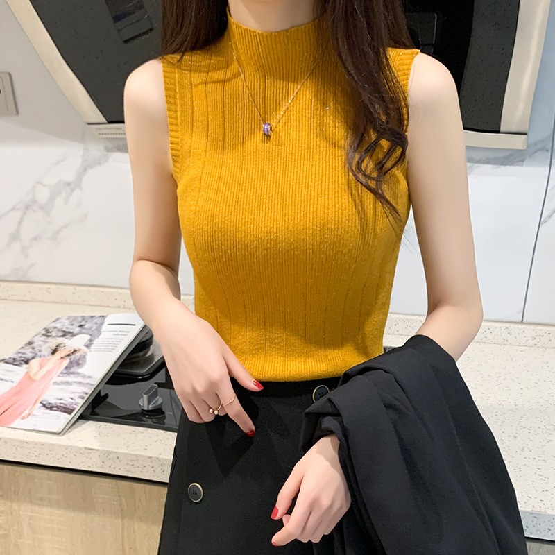 春夏新款半高领闪光无袖女士针织衫初秋西装修身打底背心套头毛衣