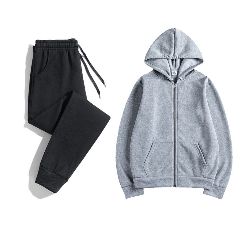 跨境秋冬开衫连帽卫衣+卫裤件套运动服纯色连帽衫拉链衫卫衣套装
